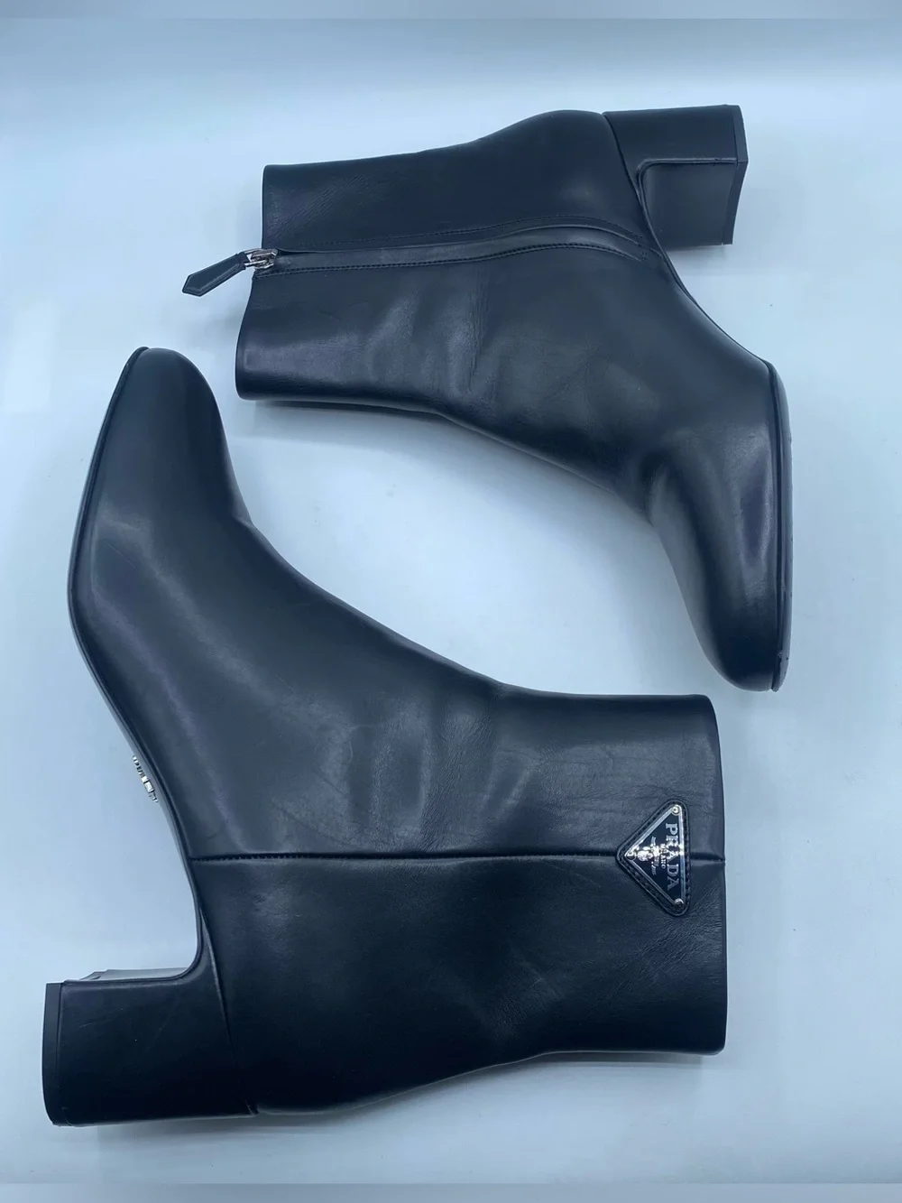 Prada Logo Block Heel Leather Ankle Boots